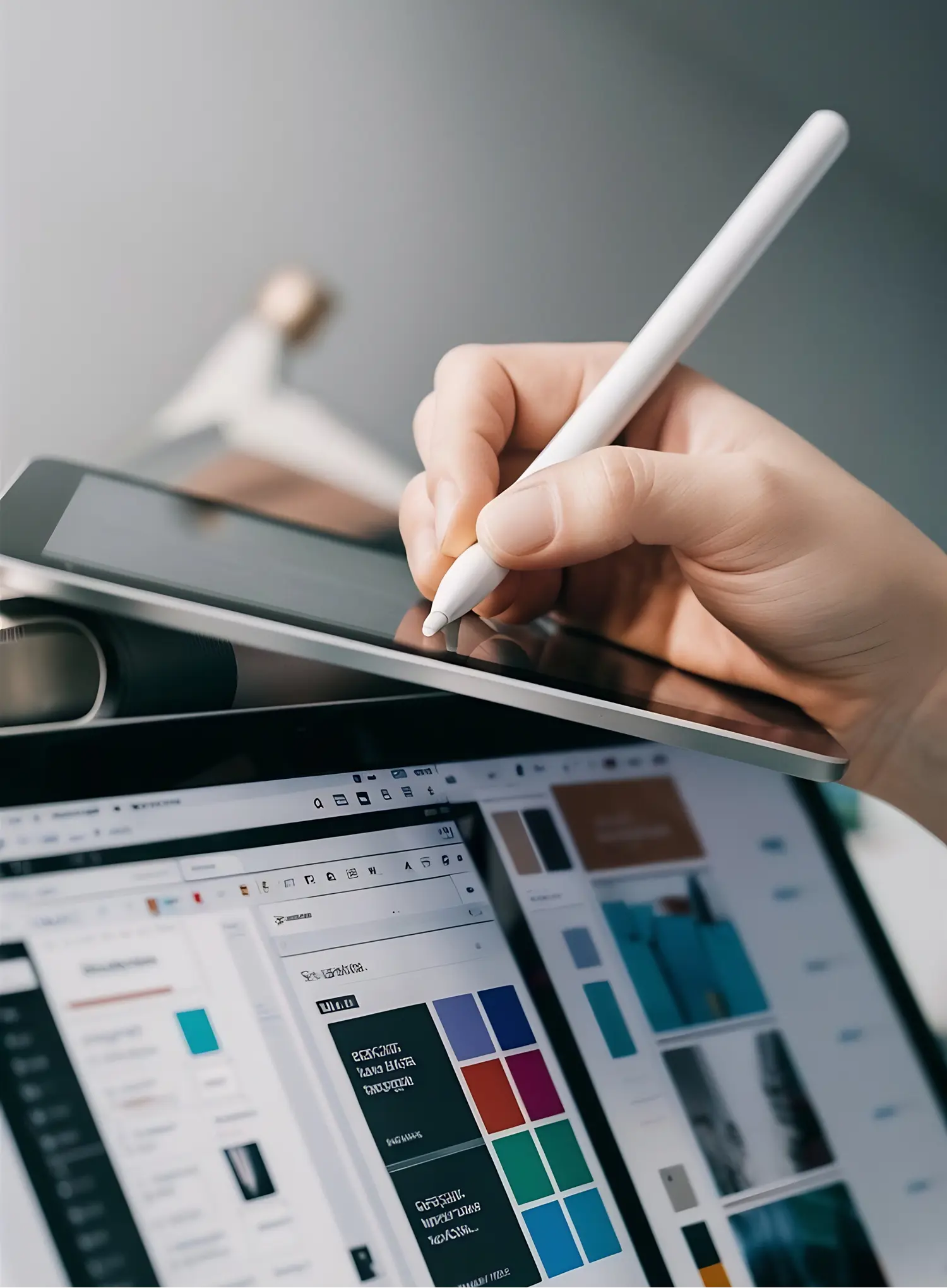 Hand holding a stylus pen interacting with a tablet above a laptop displaying graphic design software and color palettes.
