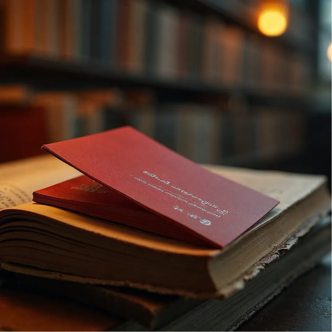 Close-up of a red booklet resting on an open old book with blurred shelves in the background.
